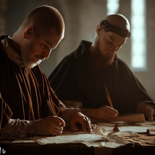 Fotografía generada por IA (Dalle-2) que muestra a dos monjes escribiendo 