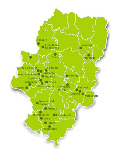 Mapa de Aragón donde se está probando el proyecto PISTARA. Tecnología para el cultivo del pistacho. 